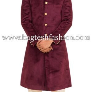 Handsome Burgundy Velvet Wedding Sherwani