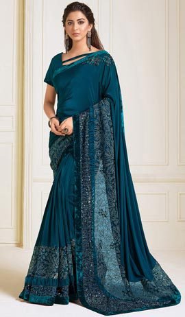 Stunning Lycra Teal Blue Bridal Saree